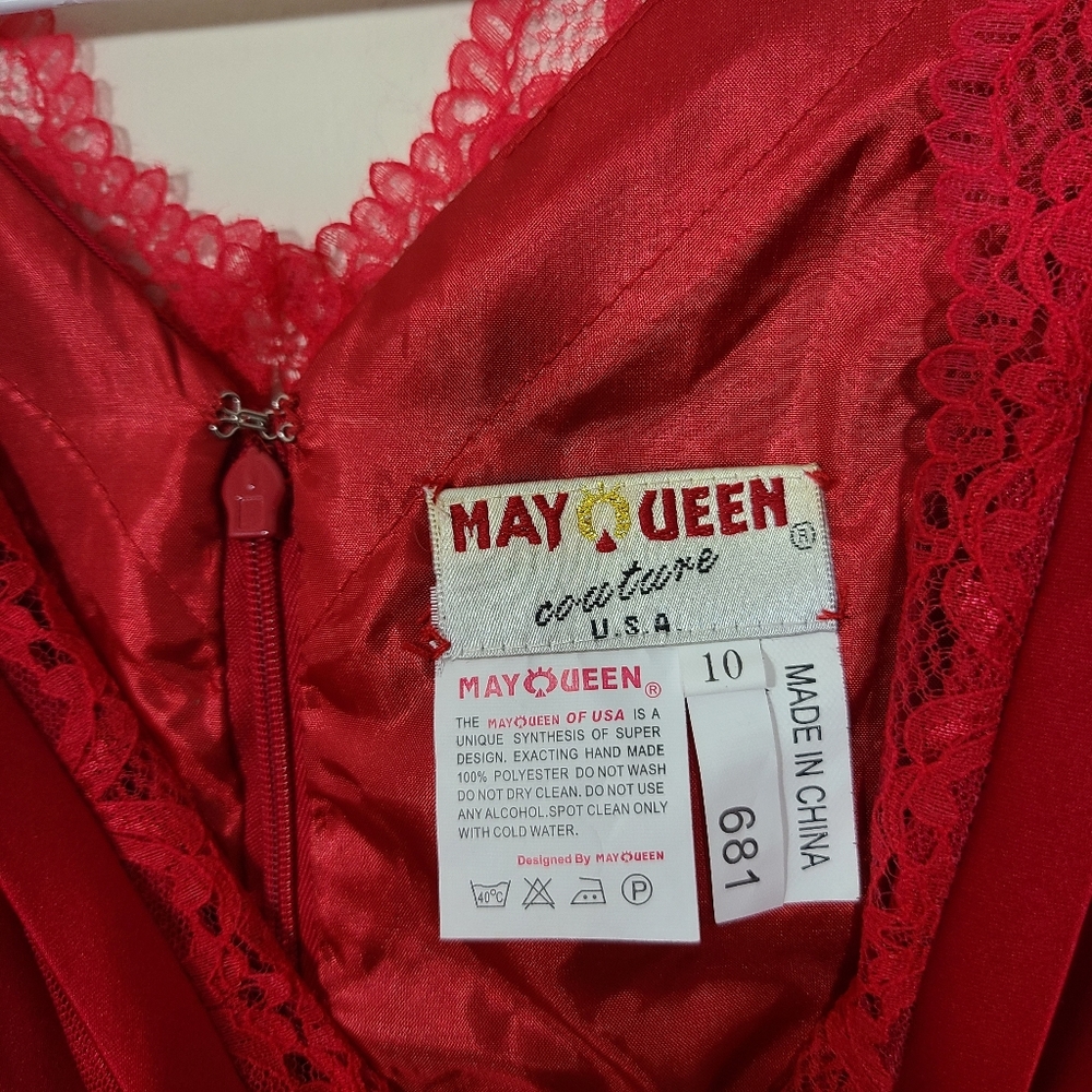 Vintage MayQueen Women 10 Red Lace Ruffles Sleeveless Dress Formal Prom Romantic - Picture 6 of 14